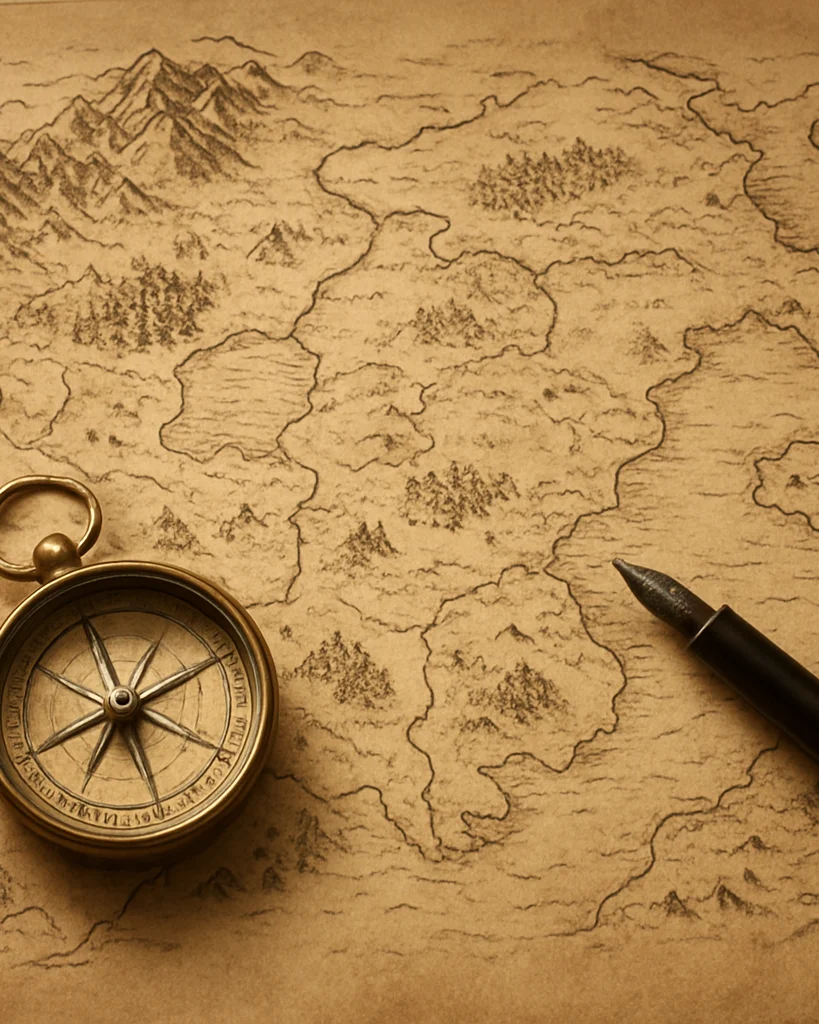Overhead flat-lay of a hand-drawn fantasy-style cartographic map on parchment with a brass compass and ink pen, soft dir