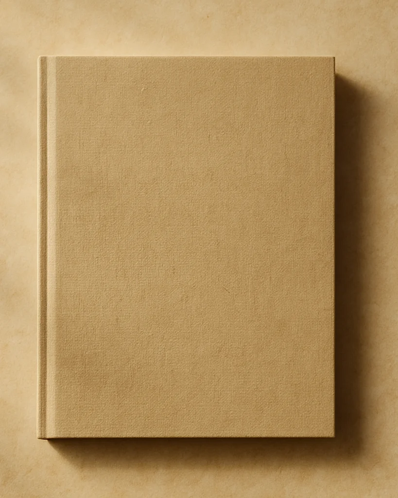 Overhead flat-lay of a hardcover book cover on a parchment desk, soft directional daylight, gentle shadows, fine-grain t