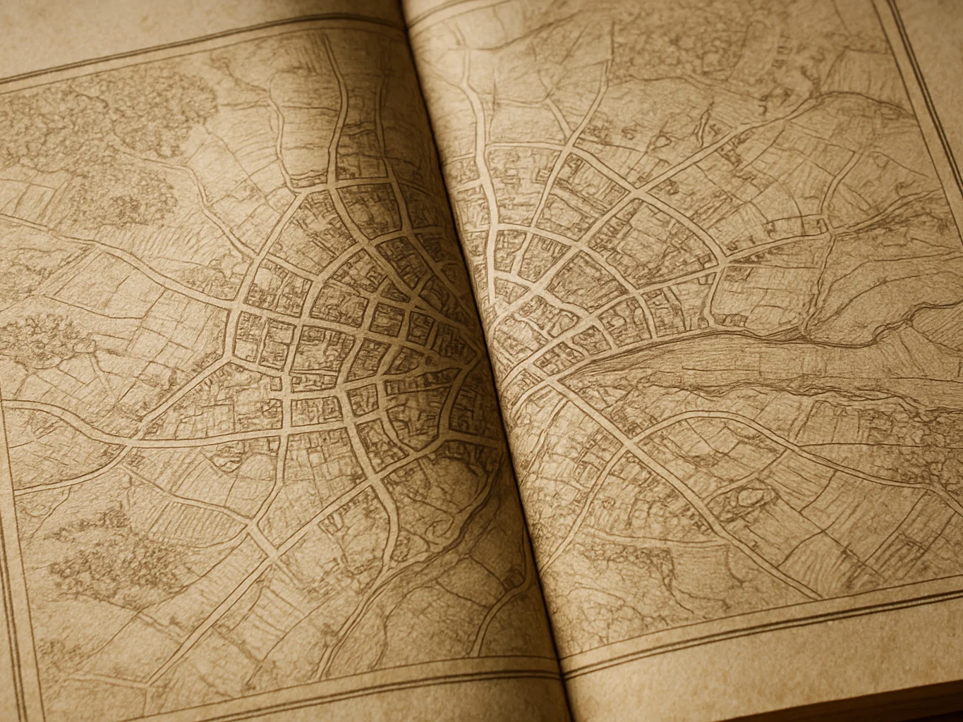 Close crop of a printed interior map page in an open book, soft directional daylight, gentle shadows, ink linework on pa