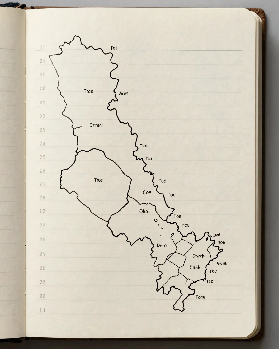 Close crop of an open ink-drawn ledger page listing regional boundaries and dates, soft directional daylight with gentle