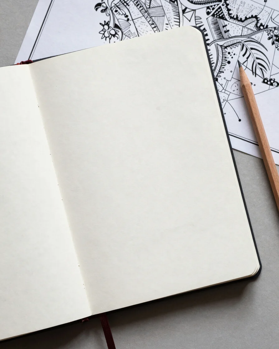 Overhead editorial still-life of an open notebook with handwritten manuscript pages and a pencil beside a folded ink-dra