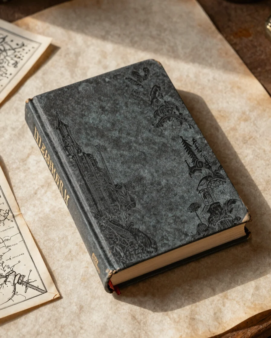 Overhead editorial still-life of a closed epic fantasy hardback o