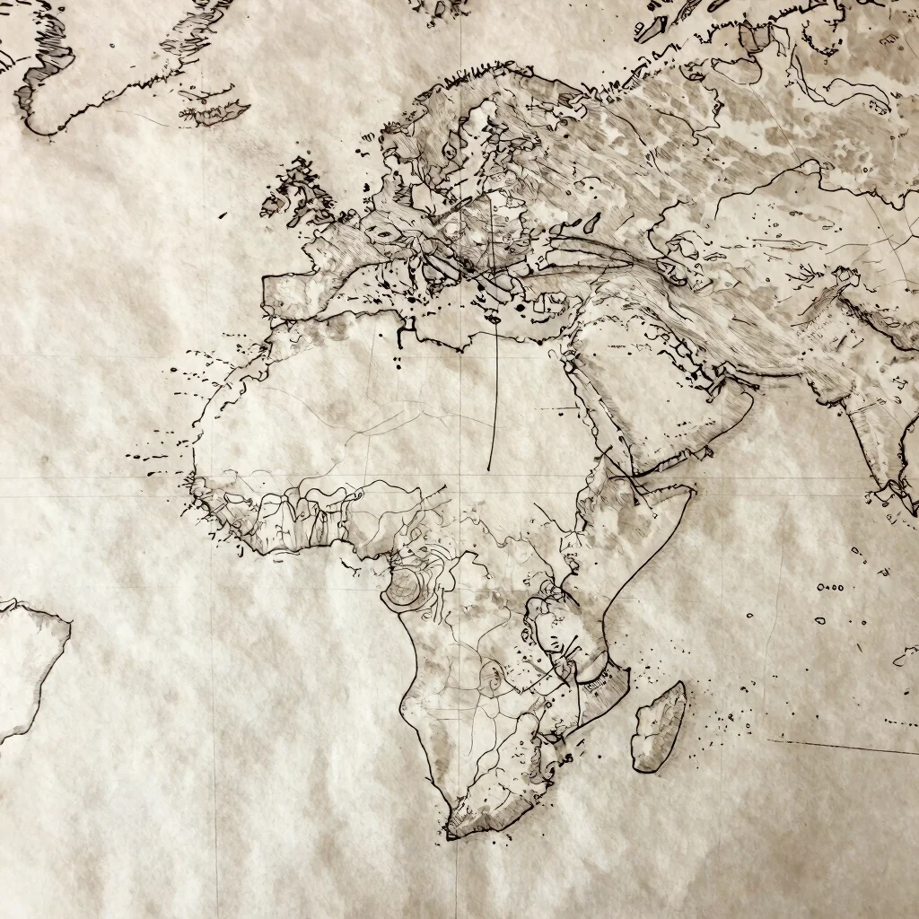 Overhead study of a continental map with ink-drawn coastlines and