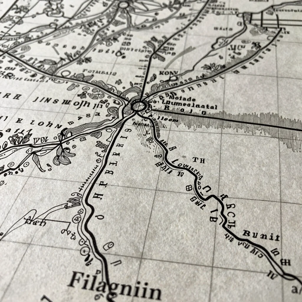 Close crop of printed map detail showing ink contour lines and pl