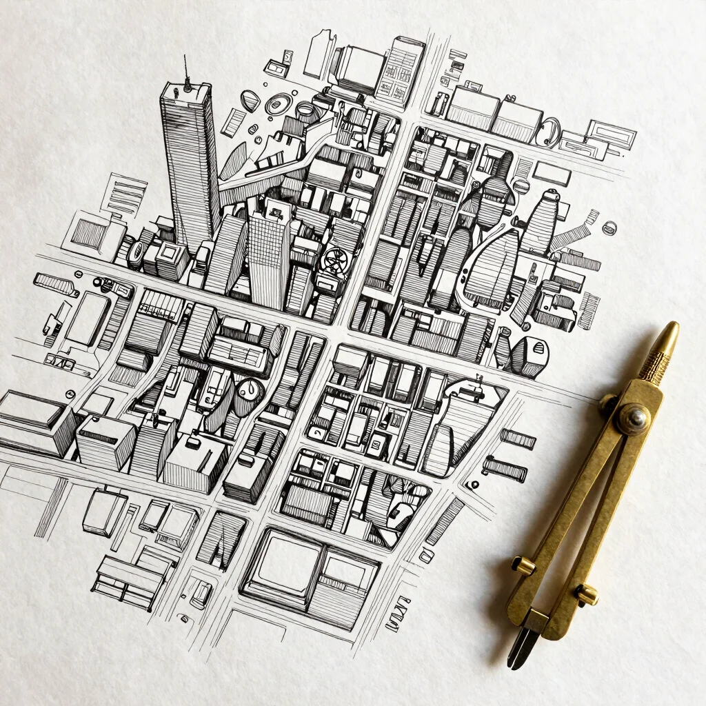 Overhead flat-lay of a city plan drawn in fine ink on parchment b