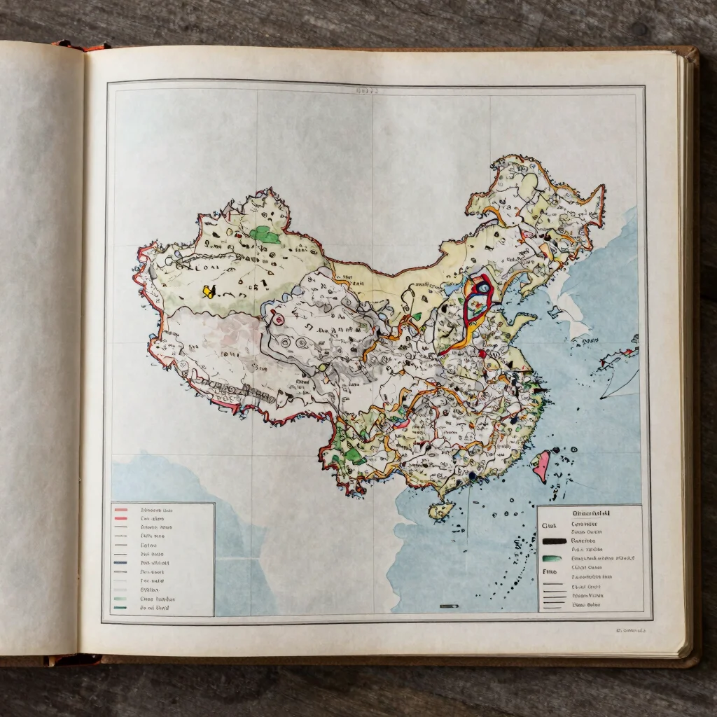 Overhead view of an open atlas page with a folded regional map, s