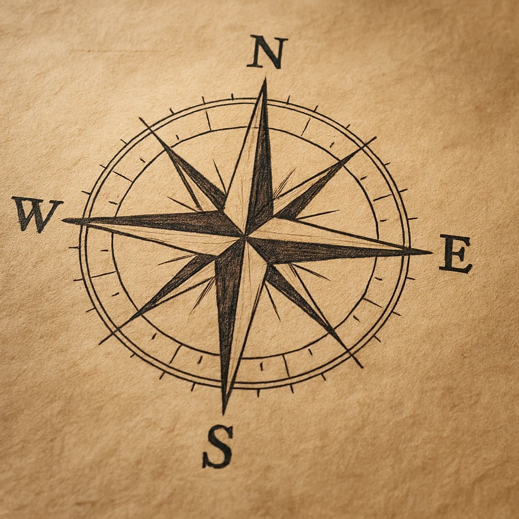 Close crop of a compass rose drawn in ink on parchment, soft dire