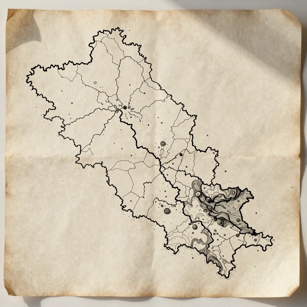 Overhead flat-lay of a hand-drawn regional map on aged parchment,